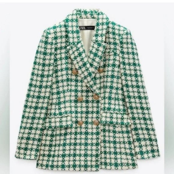 AS SEEN ON EMILY IN PARIS ZARA TWEED HOUNDSTOOTH DOUBLE BREASTED BLAZER - Picture 2 of 3